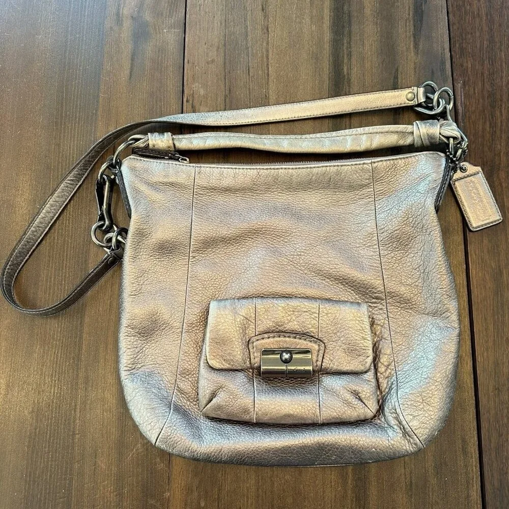 Coach Kristin Metallic Gold Pebbled Leather Hobo Bag Convertible Handbag